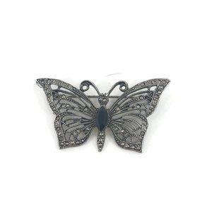 Vintage Butterfly Brooch Silver Tone with Black